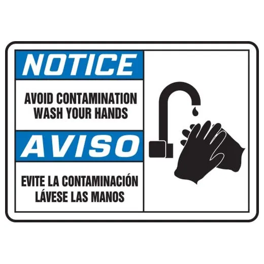 Accuform SBMCHL810MVS 7"" x 10"" Bilingual ANSI Notice Safety Sign: Avoid Contamination - Wash Your Hands (Graphic), Adhesive Vinyl