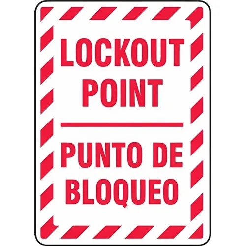 Accuform SBMLKT506VS 16"" x 10"" Adhesive Vinyl Bilingual Lockout/Tagout Sign ""Lockout Point"" Red/White