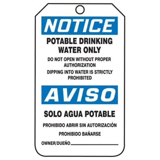 Accuform SBMNT246CTP Bilingual OSHA Notice Safety Tag: Potable Drinking Water Only, PF-Cardstock, 25/PK