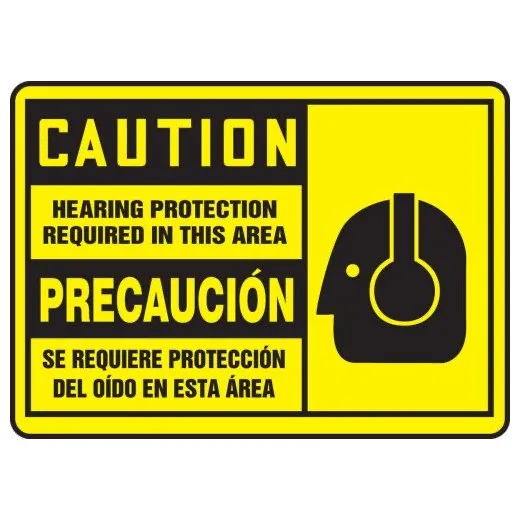 Accuform SBMPPE410MXT 7"" x 10"" Bilingual OSHA Caution Safety Sign: Hearing Protection Required In This Area, Dura-Plastic