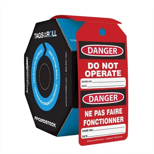 Accuform SBTAR142 6 1/4"" x 3"" OSHA Danger Tags By-The-Roll ""Do Not Operate"" Red Bilingual Roll of 250 pcs