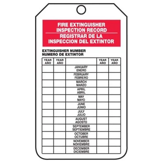Accuform SBTRS217PTM OSHA Fire Extinguisher Tags: Fire Extinguisher Inspection Record, RP-Plastic, Bilingual - Spanish/English, 5/PK