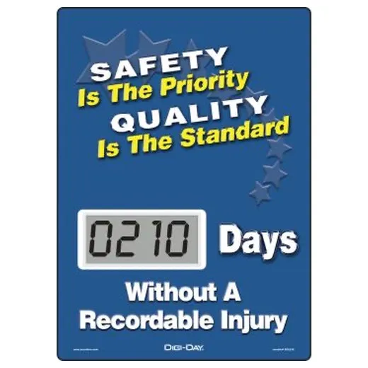 Accuform SCL210 14"" x 10"" Mini Digi-Day Electronic Scoreboards: Safety Is The Priority Quality Is The Standard - _ Days Without A Recordable Injury