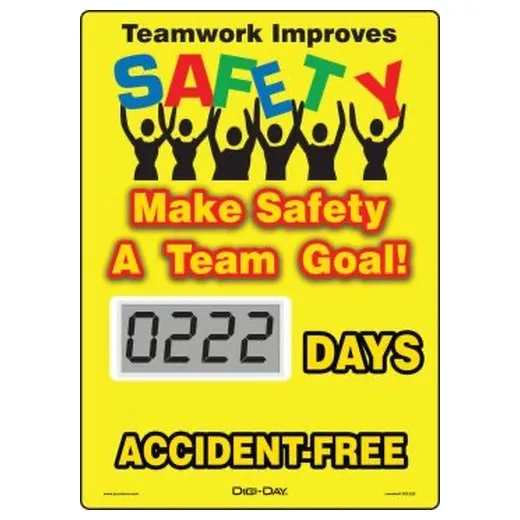 Accuform SCL222 14"" x 10"" Mini Digi-Day Electronic Scoreboards: Teamwork Improves Safety - Make Safety A Team Goal - _ Days Accident Free