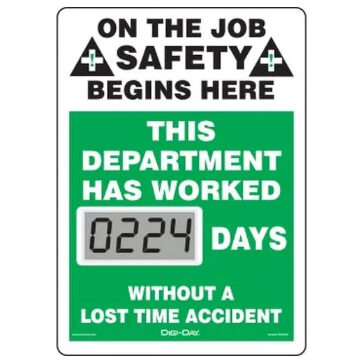 Accuform SCL224 14"" x 10"" Mini Digi-Day Electronic Scoreboards: On The Job Safety Begins Here - This Department Has Worked _ Days Without A Lost Time Accident