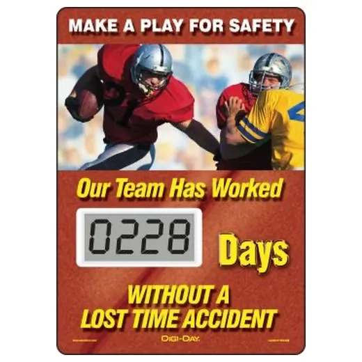 Accuform SCL228 14"" x 10"" Mini Digi-Day Electronic Scoreboards: Make A Play For Safety - Our Team Has Worked _ Days Without A Lost Time Accident
