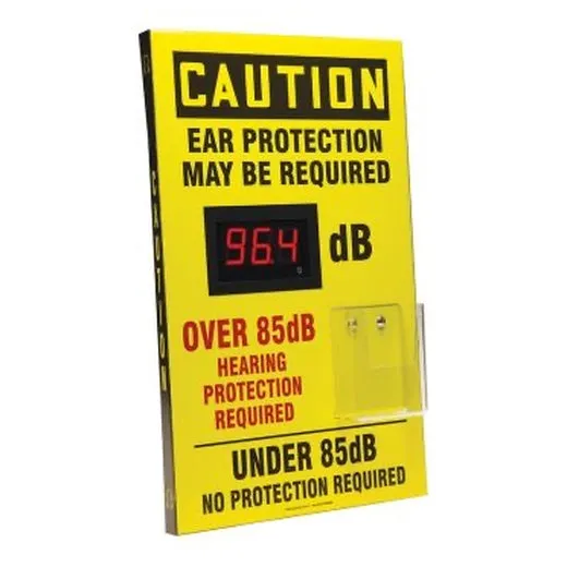 Accuform SCS606 20"" x 12"" x 1"" OSHA Caution Decibel Meter Sign With Ear Plug Dispenser, Aluminum Face