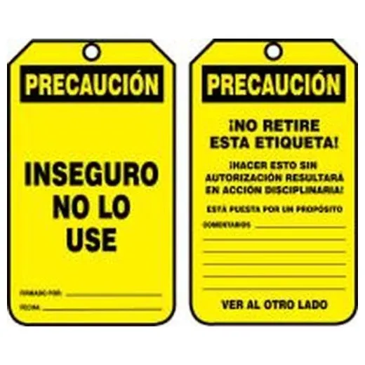 Accuform SHMCGT225PTM OSHA Caution Safety Tag: Unsafe - Do not Use, RP-Plastic, Spanish, 5/PK, Standard Back A