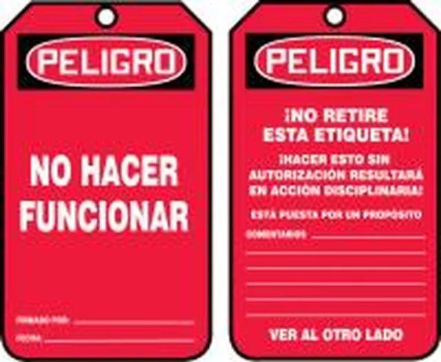 Spanish Safety Tags, DANGER DO NOT OPERATE, 5.75in x 3.25in, RP-Plastic, 5PK