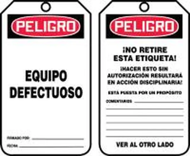Accuform SHMDT122PTM OSHA Danger Safety Tag: Defective Equipment