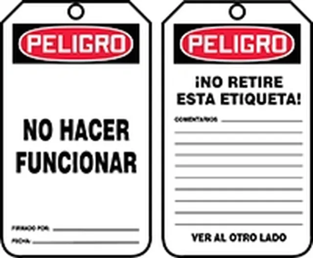 Spanish Safety Tags, DANGER DO NOT OPERATE, 5.75in x 3.25in, HS-Laminate, 25PK