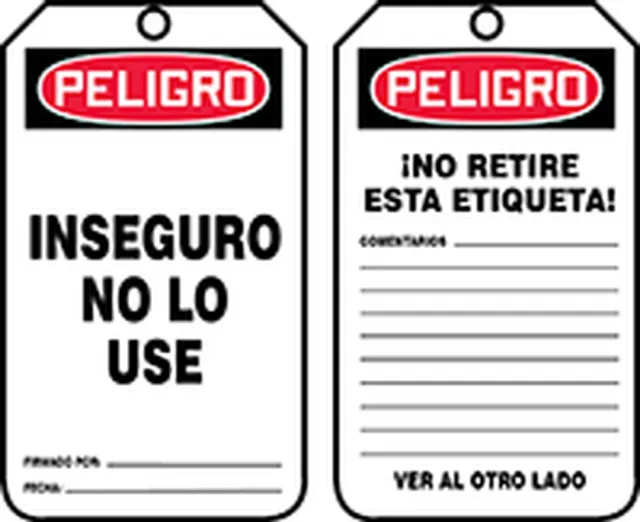 Spanish Safety Tags, DANGER UNSAFE DO NOT USE, 5.75in x 3.25in, RP-Plastic, 5PK