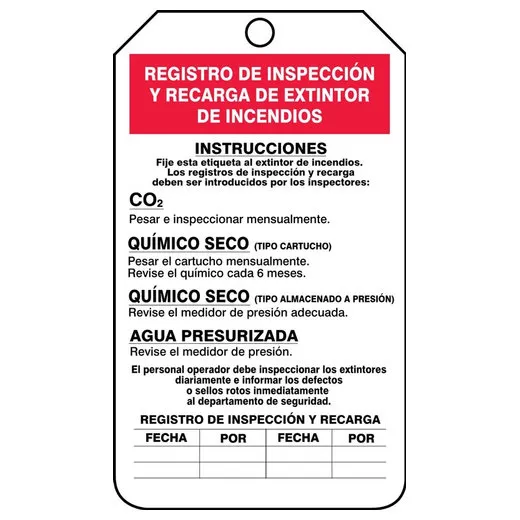Spanish Safety Tags, FIRE EXTINGUISHER RECHARGE & INSPECTION RECORD, 5.75inx3.25in, RP-Plastic, 5PK