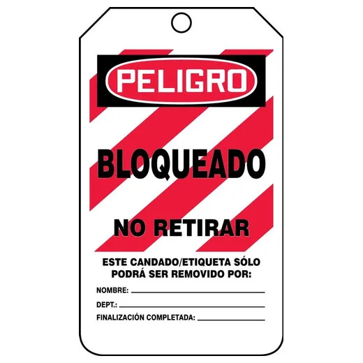 Spanish Safety Tags, DANGER LOCKED OUT DO NOT REMOVE, 5.75in x 3.25in, RP-Plastic, 5PK