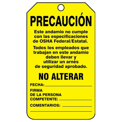 Accuform SHTSS102PTM Scaffold Status Safety Tag: Caution- This Scaffold Does Not Meet Federal/State OSHA Specifications