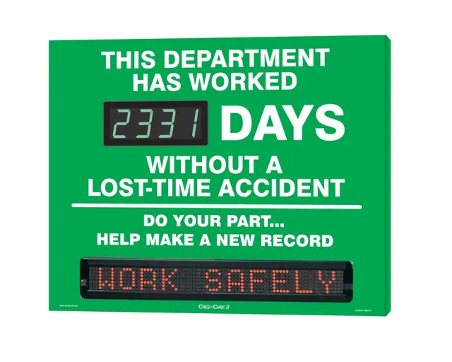 Accuform SMT331 24"" x 30"" Digi-Day Moving Message Scoreboard Signs: This Department Has Worked _ Days Without A Lost Time Accident