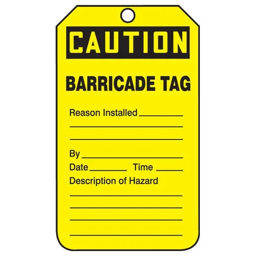 Safety Tags, CAUTION BARRICADE TAG, 5.75in x 3.25in, RP-Plastic, 5PK