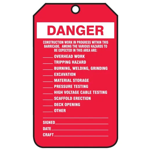 Accuform TAB108PTP 5-3/4"" x 3-1/4"" Barricade Danger Status Tag: Construction Work Within This Barricade