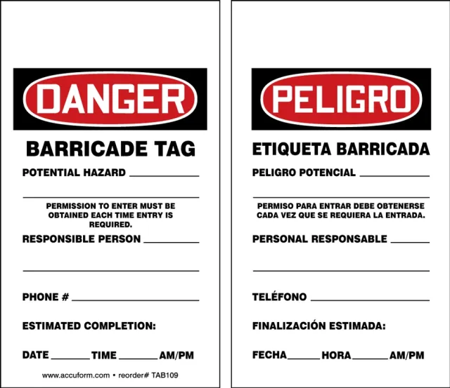 Accuform TAB109CTP 5-3/4"" x 3-1/4"" Barricade Danger Status Tag: Barricade Tag - Potential Hazard - Responsible Person