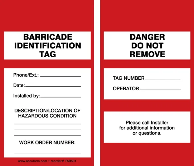 Accuform TAB501PTM 5-3/4"" x 3-1/4"" Barricade Status Tag: Barricade Identification Tag