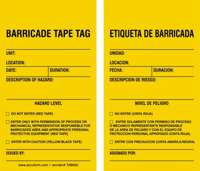 Accuform TAB502CTP 5-3/4"" x 3-1/4"" Barricade Tape Tag: Unit - Location - Date - Duration - Description of Hazard