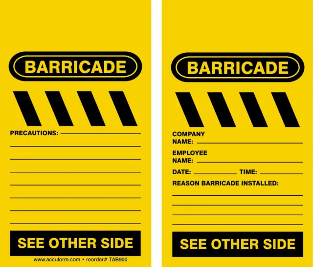 Accuform TAB900PTM 5-3/4"" x 3-1/4"" Barricade Status Tag: Barricade - Precautions