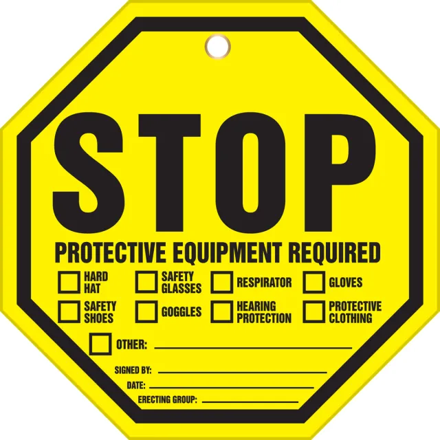 Accuform TAP807CTM 8"" x 8"" Octo-Tags Safety Tag: STOP, Protective Equipment Required