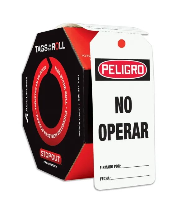 Spanish Tags By-The-Roll, Danger Do Not Operate, PF-Cardstock, 250/Rl