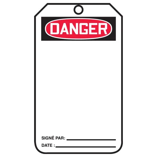 French Safety Tags, DANGER BLANK, 5.75in x 3.25in, RP-Plastic, 5PK