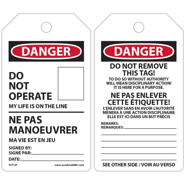 French Bilingual Safety Tags, DANGER DO NOT OPERATE MY LIFE IS ON THE LINE, 5.75in x 3.25in, 25PK