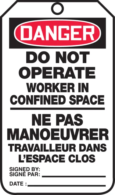 French Bilingual Safety Tags, DANGER DO NOT OPERATE WORKER IN CONFINED SPACE, 5.75in x 3.25in, 25PK