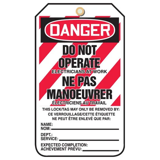French Bilingual Safety Tags, DANGER DO NOT OPERATE ELECTRICIANS AT WORK, 5.75in x 3.25in, 25PK