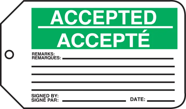 French Bilingual Safety Tags, ACCEPTED, 5.75in x 3.25in, RP-Plastic, 25PK