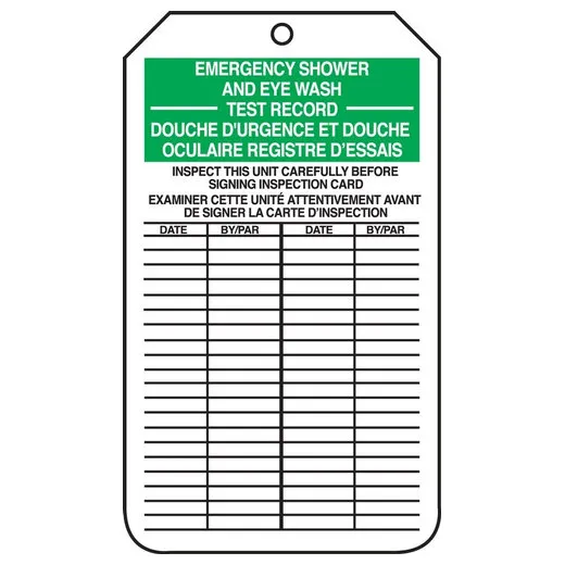 Accuform TCF461PTM Bilingual Inspection & Status Record Tag: Emergency Shower and Eye Wash