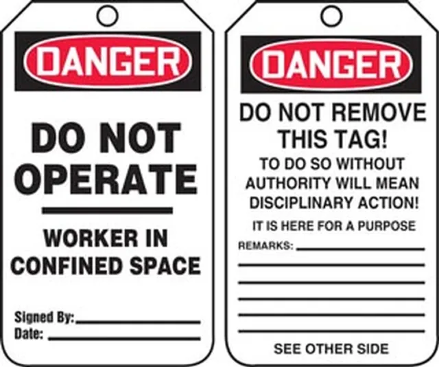 Safety Tags, DANGER DO NOT OPERATE WORKER IN CONFINED SPACE, 5.75in x 3.25in, PF-Cardstock, 25PK