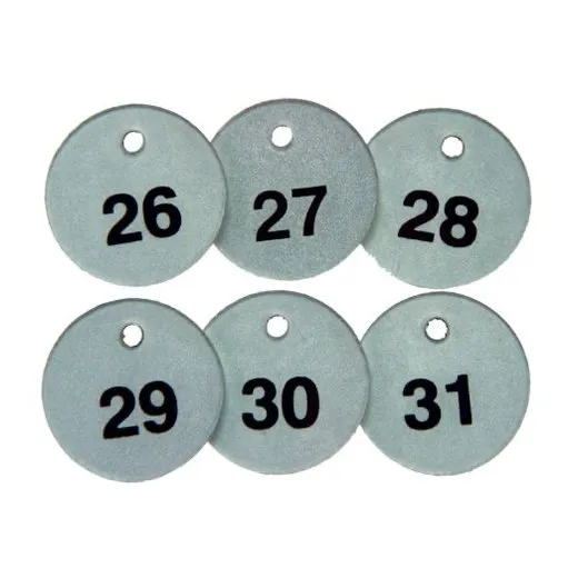Subsurface Engraved Numbered Tags, Plastic, 1 1/2 in H x 1 1/2 in W, 1 1/2 in Dia., Black/Silver