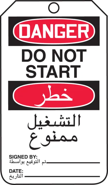 Safety Tags, DANGER DO NOT START BILINGUAL ARABIC, 5.75in x 3.25in, RP-Plastic, 5PK