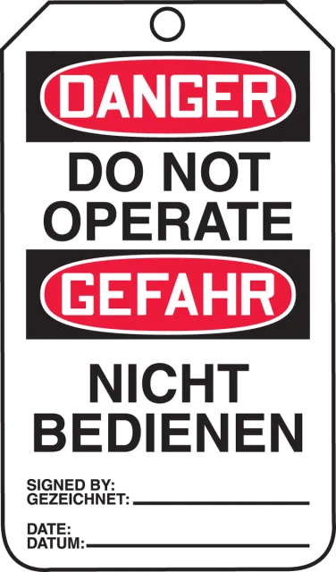 Safety Tags, DANGER DO NOT OPERATE BILINGUAL GERMAN, 5.75in x 3.25in, RP-Plastic, 25PK