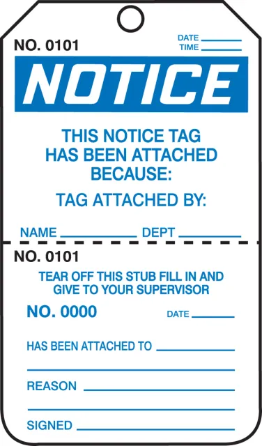 Accuform TPP203PTP OSHA Notice Safety Tag: This Notice Tag Has Been Attached Because- Perforated