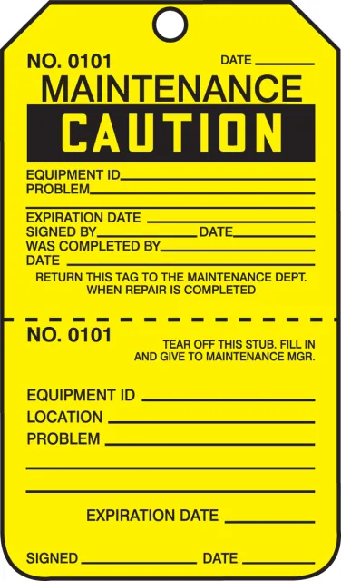 Safety Tags, CAUTION MAINTENANCE, Perforated, 5.75in x 3.25in, RP-Plastic, 25PK