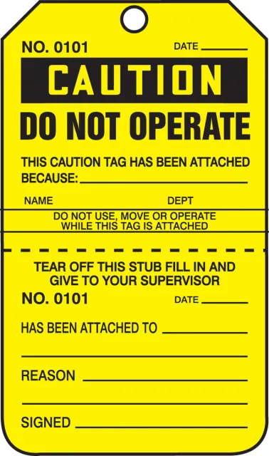 Safety Tags, CAUTION DO NOT OPERATE, Perforated, 5.75in x 3.25in, RP-Plastic, 25PK