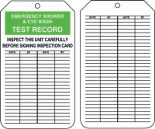 Accuform TRM105PTP 4-1/4"" x 2-1/8"" Mini Record Safety Tag: Emergency Shower & Eye Wash Test Record