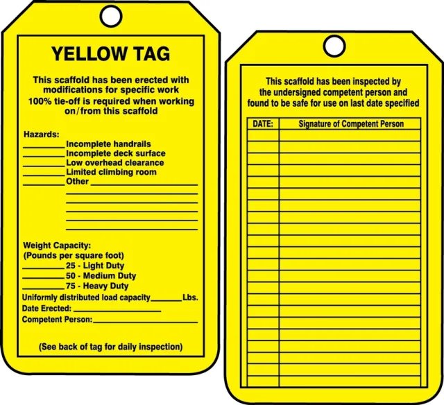 Accuform TRS208PTM Scaffold Status Safety Tag: Yellow Tag
