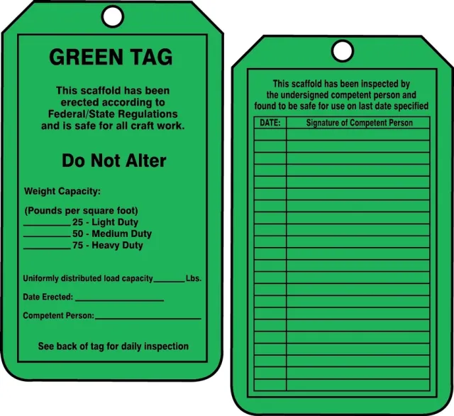 Safety Tags, GREEN TAG THIS SCAFFOLD HAS BEEN ERECTED, 5.75in x 3.25in, RP-Plastic, 5PK