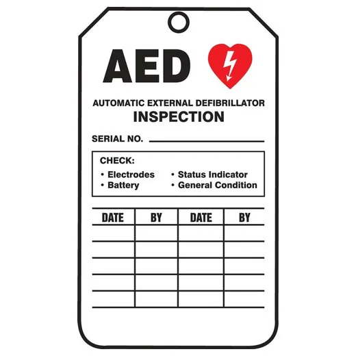 Accuform TRS302PTP 8-1/2"" x 3-7/8"" Jumbo AED Status Safety Tag: Automatic External Defibrillator Inspection