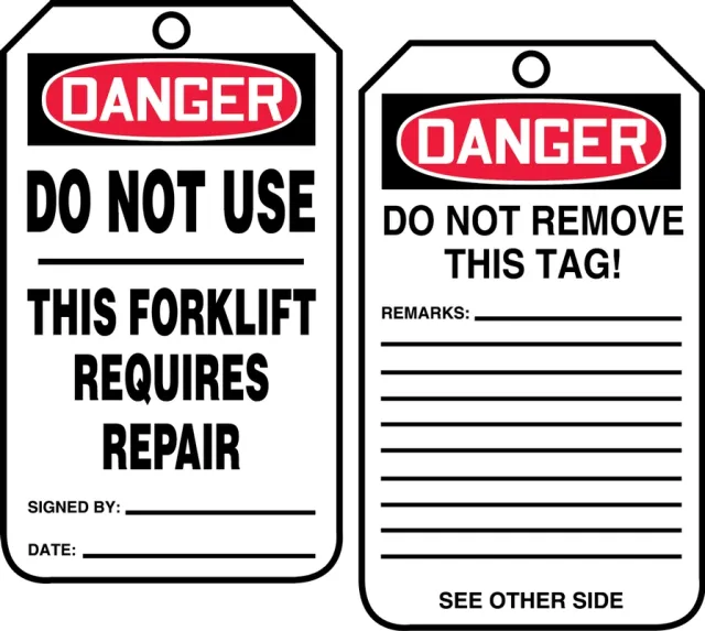Safety Tags, DANGER DO NOT USE THIS FORKLIFT REQUIRES REPAIR, 5.75in x 3.25in, RP-Plastic, 25PK