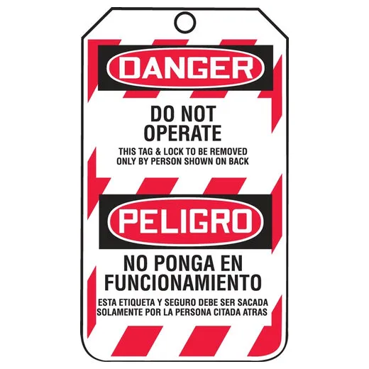 Accuform TSP101LTM Bilingual OSHA Danger Lockout Tag: Do Not Operate - This Tag & Lock to Be Removed Only By Person Shown On Back