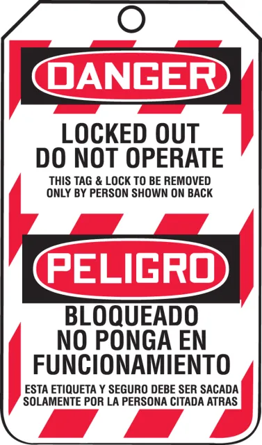 Accuform TSP103LTM Bilingual OSHA Danger Lockout Tag: Locked Out - Do Not Operate