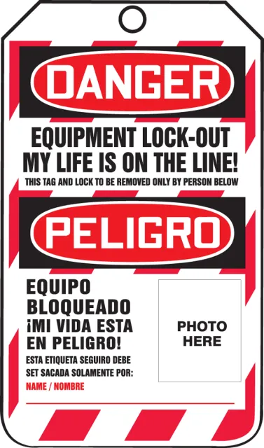 Accuform TSP107CTM Bilingual OSHA Danger Lockout Tag: Equipment Lock-Out - My Life Is On The Line!