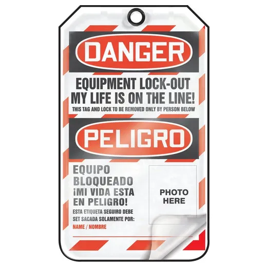 Accuform TSP107LPM Bilingual OSHA Danger Lockout Tag: Equipment Lock-Out - My Life Is On The Line!